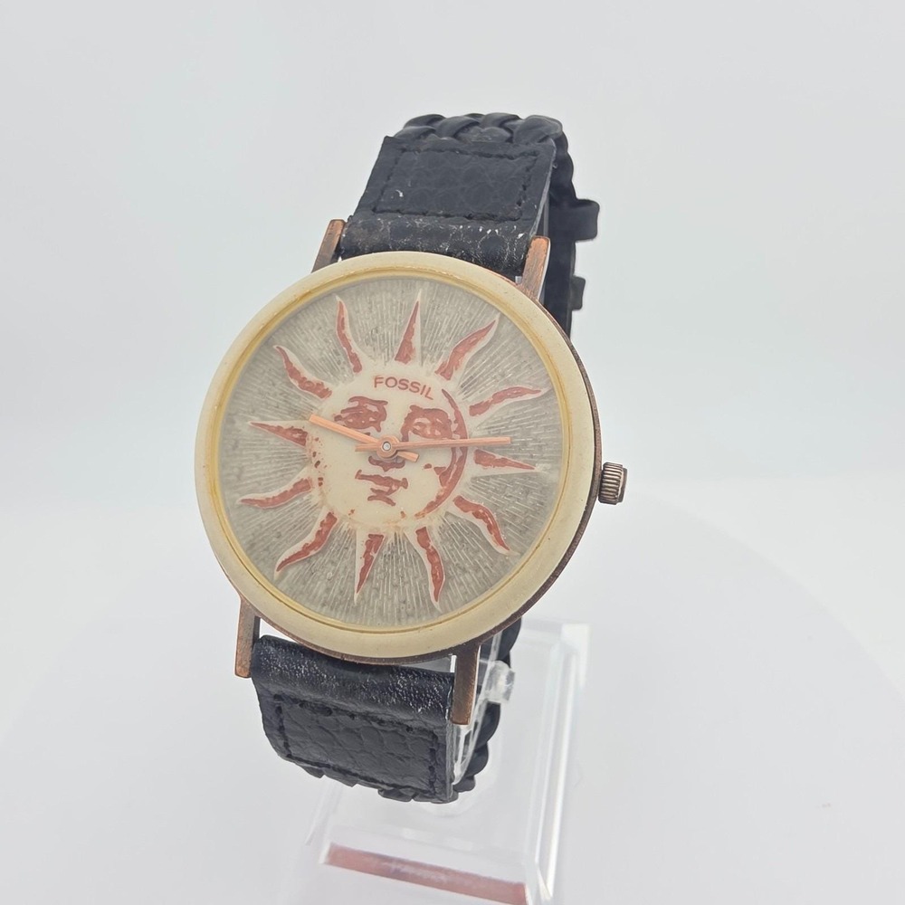 Vtg RARE 1991 FOSSIL Watch BW-6717 Copper Stone Sun Face Black Leather Unisex 8"